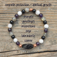 Stretch bracelet made with latex free stretch cord.

A single 16mm Shungite twist focal bead with 6mm rounds of Amethyst, Moonstone, Onyx and Labradorite crystals with 4mm Copper healing stones.