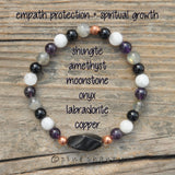 Stretch bracelet made with latex free stretch cord.

A single 16mm Shungite twist focal bead with 6mm rounds of Amethyst, Moonstone, Onyx and Labradorite crystals with 4mm Copper healing stones.