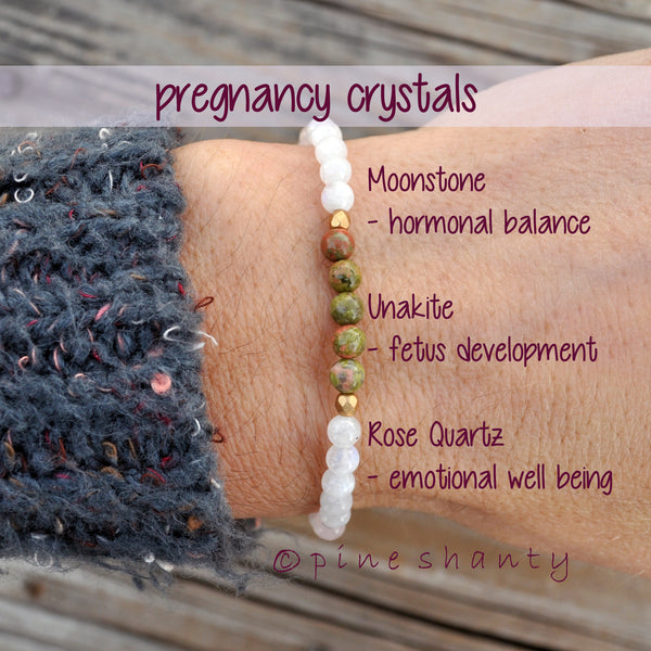 Beaded bracelet on a wrist with pregnancy crystal information