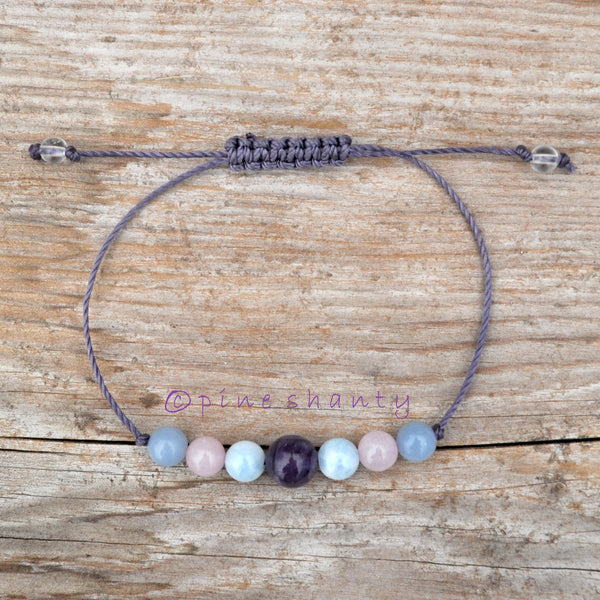 Sleepy Time Relaxing Meditation Bracelet | Amethyst + Blue Lace Agate + Rose Quartz + Angelite | Higher Chakras | String Bracelet