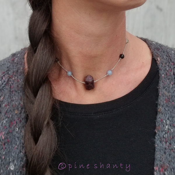 Guardian Angel Crystal Choker Necklace | Spiritual Guidance + Synchronicity | Lepidolite + Angelite + Black Tourmaline + Prehnite |