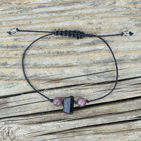 Grounding Guardian Angel Bracelet | Raw Black Tourmaline + Lepidolite | Base Chakra + Crown Chakra