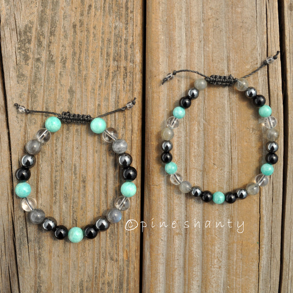 Mercury Retrograde Energy Protection Beaded Bracelets | Amazonite + Black Tourmaline + Hematite + Labradorite + Clear Quartz |