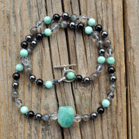 Mercury Retrograde Protection | Energy Balancing Knotted Crystal Necklace | Amazonite + Black Tourmaline + Hematite + Labradorite + Quartz