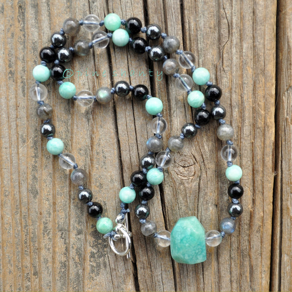 Mercury Retrograde Protection | Energy Balancing Knotted Crystal Necklace | Amazonite + Black Tourmaline + Hematite + Labradorite + Quartz