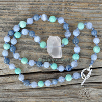 Balance of Mind + Body + Spirit Necklace | Knotted Crystal Necklace | Rose Quartz + Amazonite + Kyanite + Blue Lace Agate | Serenity
