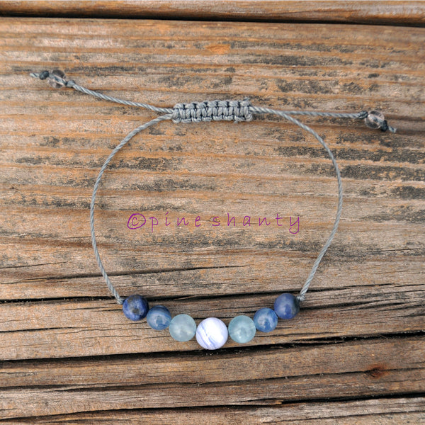 Hear Your Inner Voice | Throat Chakra Adjustable Beaded Bracelet | Blue Lace Agate + Aquamarine + Kyanite + Sodalite |
