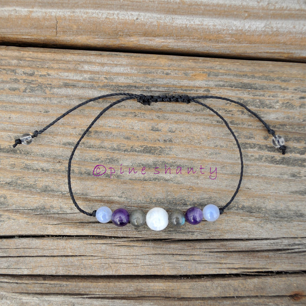 Spiritual Healing + Growth + Protection | Moonstone + Labradorite + Amethyst + Blue Lace Agate | Solar Plexus + Throat + Third Eye + Crown |